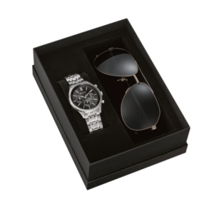 Bulova 96K107 42mm Men's Chronograph Dress Watch and Aviator Sunglasses - Silver/ Black